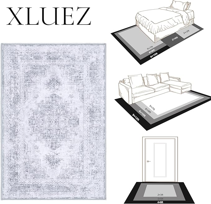 Area Rug 4x6 Vintage Rug, Machine Washable Vintage Distressed Medallion Rug Non-Slip Soft Low Pile Large Indoor Rugs for Bedroom Kitchen Dining Room Office(LightGrey,4'x6')