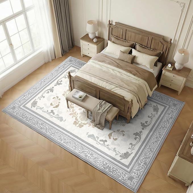 SOULFUL Medium Pile 8x10 Rugs for Living Room - Soft Foot Feel Large Area Rug - Light Taupe Boho Floral - Washable Non-Slip - Perfect for Bedroom Kids Room Under Dining Table Office