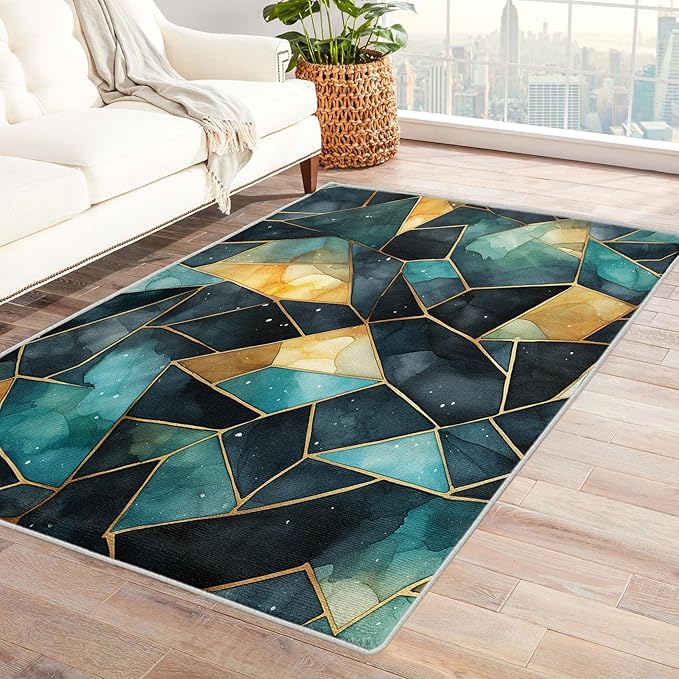 Blue and Gold Rug, 6x9 Rug, Watercolor Art Rugs for Living Room Bedroom, Luxury Large Area Rug, Washable Rug Non Slip Soft Indoor Carpet, Blue and Gold Home & Room Decor