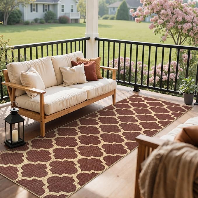 Lahome Moroccan Easy Jute Runner Rug, Red Washable Runner Rugs for Outdoor Porch Hallway, Geometric Trellis Woven Long Carpet for Doorway, Thin Non Slip Outdoor Decor, 2'6'' x 8'