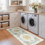 Area Rugs 2'x5' Washable Non-Slip, Floral Vintage Distress Print Pattern Medallion Carpet for Living Room Bedroom Dining Room, Light Yellow Carbon Grey Orange
