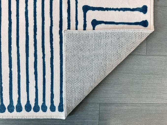 GLN Rugs Contemporary Collection - Machine Washable Area Rug, Contemporary Washable, Non Slip, Low Pile Chenille Rug, Living Room, Bedroom, Kitchen Rug (6' x 9' Blue Ivory)