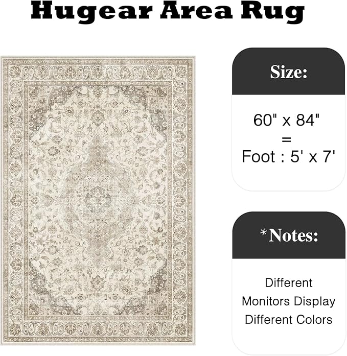 HUGEAR Area Rug 5x7 Vintage Brown Machine Washable Living Room Rugs Thin Neutral Floral Vacuumable Low Pile Carpet Bedroom Office Dining Room Laundry Room Non Slip Soft Lightweight