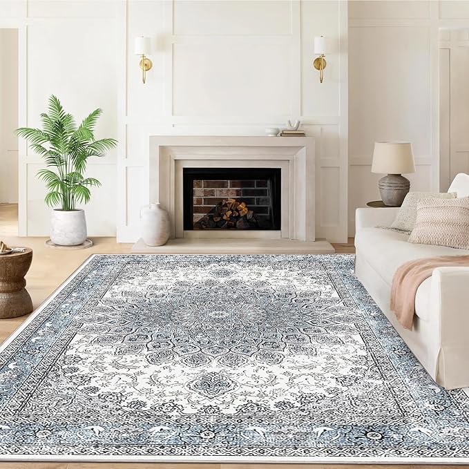 5’x7’ Area Rugs for Living Room Non Slip Washable Low Pile Area Rugs for Bedroom Dining Foldable Vintage Carpets Blue