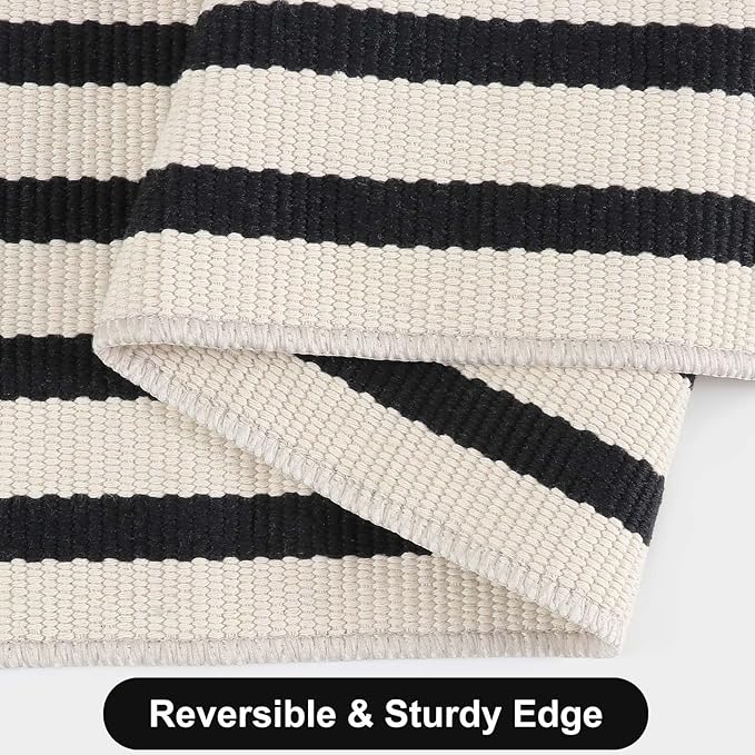 Black and White Striped Rugs 2.3'x3.6', Washable Hand Woven Front Door Rug, Reversible Outdoor Welcome Mat Foldable Layered Door Mats for Entryway Porch Decor Home Entrance