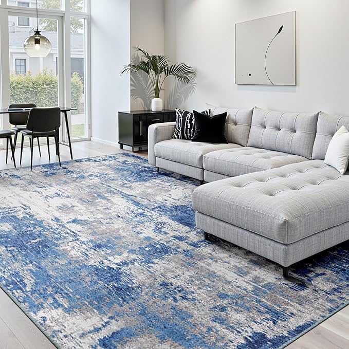 Washable Area Rugs Square 7ft Non-Slip Modern Abstract Soft for Living Room Entryway Bedroom Nursery, Print Pattern, Blue Grey Navy Gray