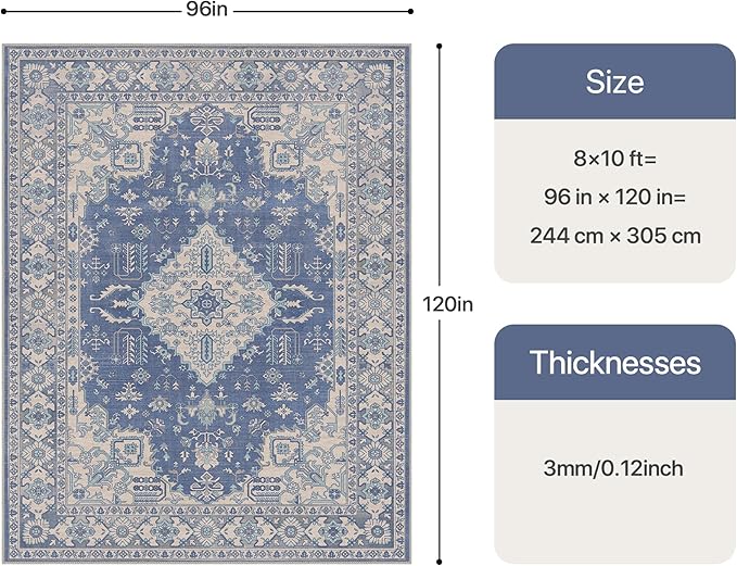 Bavni Vintage 8x10 Area Rugs, Boho Oriental Living Room Rug, Machine Washable Rug Non Slip, Distressed Print Indoor Large Blue Rugs, Low Pile Ultra-Thin Soft Carpet for Bedroom, Dining Room, Farmhouse