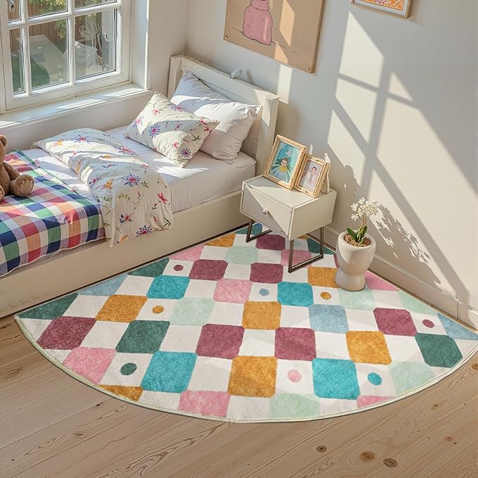 jinchan Macy Kids Rug for Nursery 5ft Radius Corner Washable Area Rug Modern Colorful Quarter Circle Rug Soft Non-Slip Carpet for Bedroom Playroom Daycare Reading Nook Classroom Confetti on Cream