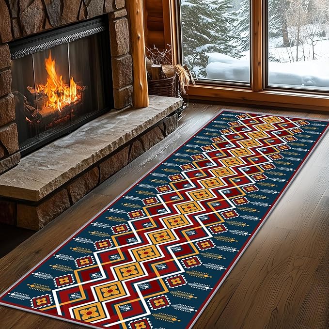 Dark Blue Runner Rug, 3x10ft Red Yello Diamond Hallway Decor Carpet, Corridor & Foyer Long Accent Rug, Entrance Non-Slip Mat Washable Rugs, Southwestern Stylish Home Decor Runner