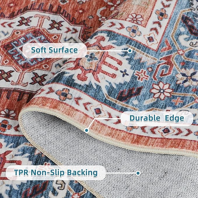 Dripex Vintage Washable Area Rug - 4x6 Distressed Rugs for Living Room Bedroom Oriental Medallion Floral Print Carpet Low-Pile Indoor Soft Non-Slip Accent Rug Farmhouse Office Home Decor