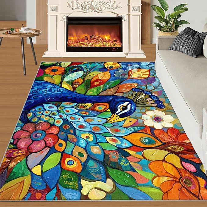 Boho Peacock Rug Large - 6x9 Rug, Colorful Peacock Washable Rugs for Living Room, Teal Turquoise Carpet, Modern Style Non-Slip Area Rugs for Bedroom, Aesthetics Carpet - Peafowl Home Decor & Gifts