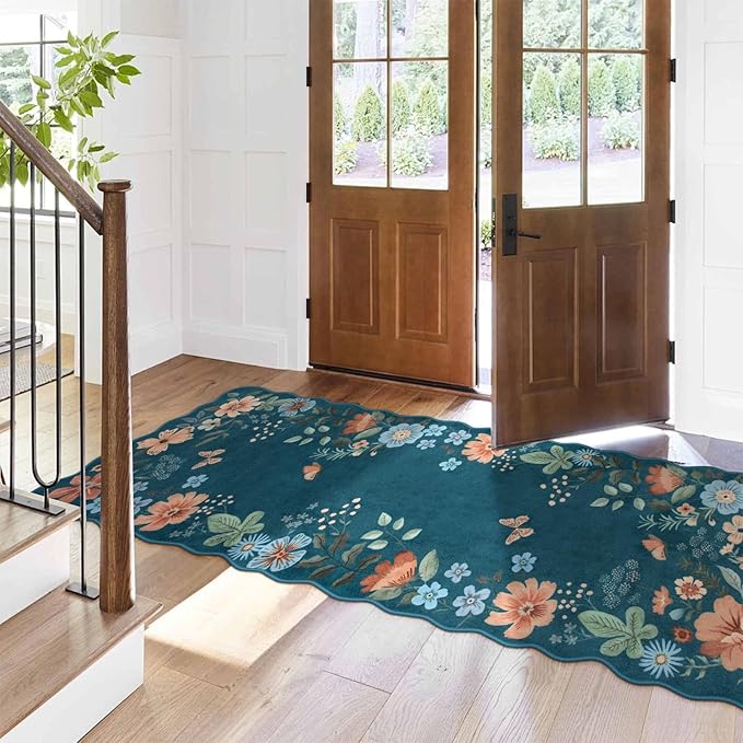 Lahome Floral Kitchen Runner Non-Slip, 2X6 Soft Washable Hallway Runner Rug, Ultra-Thin Stain Resistant Boho Laundry Room Rug Low-Pile Carpet for Bathroom Entryway Bedroom, Navy Blue