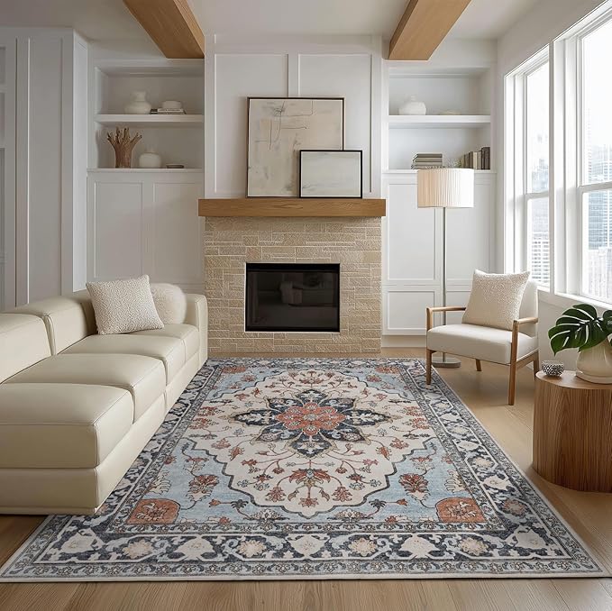 Washable Area Rugs 8x10, Large Rugs for Living Room, Carpet for Bedroom, Soft Faux Wool Retro Dining Room Rug, Non-Slip Backing Resistant Low Pile Vintage Print Rug for Home Office (Blue/Gray)