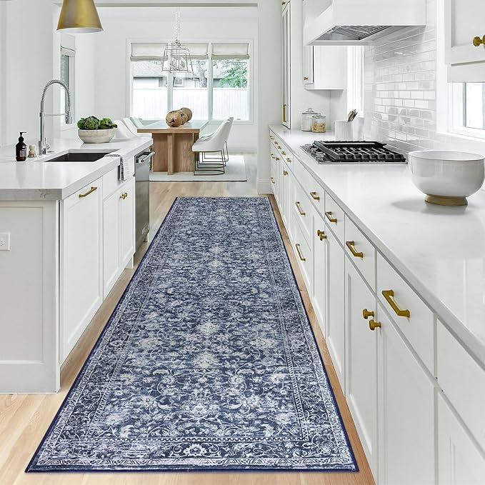 KILOCOCO Runner for Hallway 2.6x10 Runner Rug Printed Vintage Floral Washable Rug Kitchen Runners Soft Non-Slip Low Pile Hallway Runners Laundry Room Distressed Boho Rugs, Blue