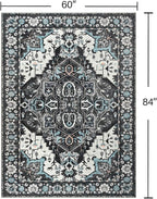 YJ.GWL Area Rugs for Living Room 5x7 Machine Washable Rugs, Non Slip Floral Vintage Rug Indoor Carpet, Stain Resistant Large Rug for Bedroom Dining Room, Black Grey Blue