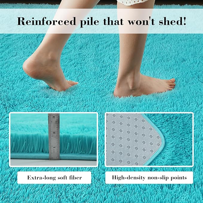 Teal Blue Rug Fluffy Rug, 8x10 Teal Area Rugs for Living Room, Soft Cute Baby Play Mat, Teal Rugs for Bedroom, Nursery, Preppy Dorm, Plush Aesthetic