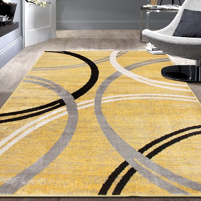 Rugshop Wavy Circles Design Area Rug, Carpet with Jute Backing for Living Room, Bedroom, or Dining Room, Yellow, 5'3" x 7'3"
