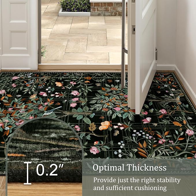 Morebes Black Boho 8x10 Area Rugs for Living Room, Washable Large Floral Rug Non Slip, Soft Flower Birds Low-Pile Floor Indoor Carpet for Bedroom Dining Room Dorm Playroom Nursery