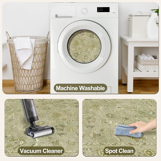 Tangsoo 2x10 Washable Runner Rug for Hallways, Floral Vintage Non Slip, Soft Low Pile Long Rugs Runner, Print Distressed Green Carpet Runners for Kitchen Bedroom Entryway Living Room