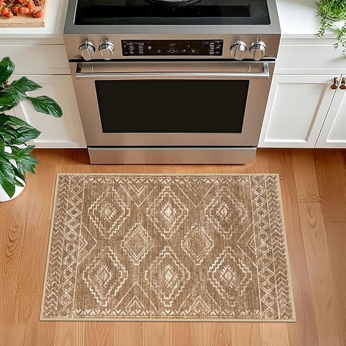 KILOCOCO Boho Entryway Rug 2x3 Printed Small Area Rug Indoor Door Mat Machine Washable Kitchen Rugs Super Soft Non Slip Throw Rugs for Bedroom Entrance Geometric Laundry Room, Yellow Brown Orange