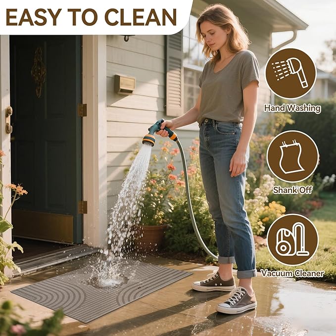 Front Door Mat 17''x30'', Absorbent Muddy Dirt Resist Washable Non Slip Low-Profile Indoor Doormat, Easy Clean Welcome Entryway Door Mats, Brown
