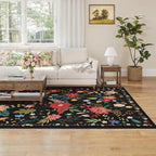 5x7 Washable Rug for Living Room, Floral Black Area Rug, Non Slip Low Pile Soft Flower Carpet, Large Rugs for Bedroom, Dining Room, Office, Kids Playroom, Nursery