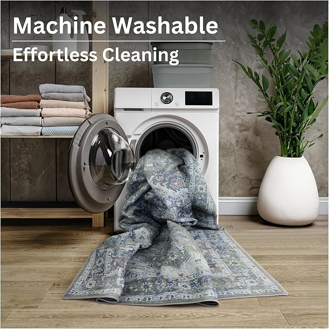 Bloom Rugs Washable Non-Slip 7 ft Runner - Green/Blue Traditional Medallion Runner for Entryway, Hallway, Bathroom, and Kitchen - Exact Size: 2.5' x 7'