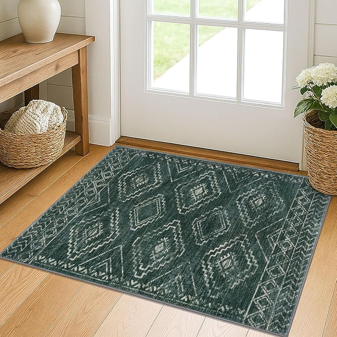KILOCOCO Boho Entryway Rug 2x3 Printed Small Area Rug Indoor Door Mat Machine Washable Kitchen Rugs Super Soft Non Slip Throw Rugs for Bedroom Entrance Geometric Laundry Room, Green