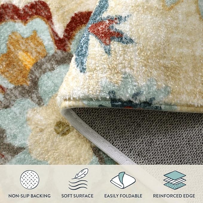 Lahome Floral Living Room Rug - 3x5 Area Rugs for Bedroom Machine Washable Non-Slip Throw Kitchen Entryway Rug Soft Beige Paisley Print Distressed Capet for Office Laundry Room Dining Room Bathroom