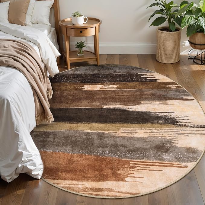 Ciicool 4ft Round Washable Rug, Modern Abstract Circle Rugs, Non-Slip Thin Lightweight Rug Brown Black Circular Print Distressed Carpet for Bedroom Living Room Under Dining Table Home Office Decor