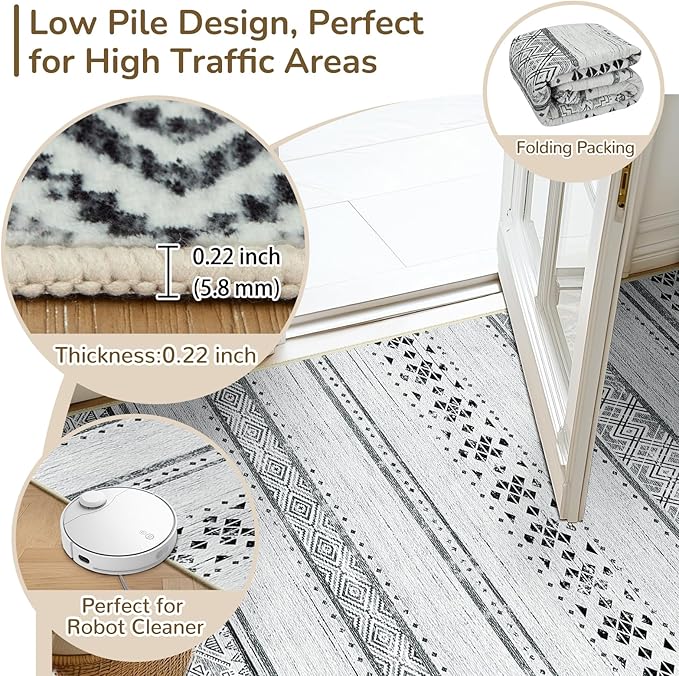 BESTSWEETIE 5x7 Area Rugs for Living Room Washable Moroccan Farmhouse Neutral Geometric Low Pile Non-Slip Soft Print Pattern Rug for Bedroom Kitchen Dining Room Entryway Grey/Black/Navy