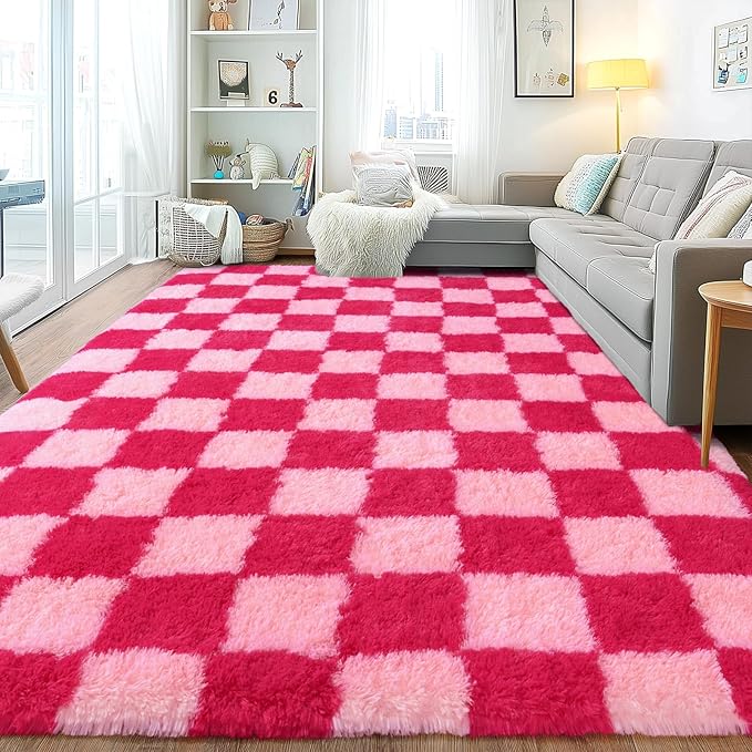 Area Rugs for Living Room, Soft Shaggy Carpets for Living Room, Fuzzy Rugs for Kids' Room, Perfect Decor for Modern Home Hot Pink Grid 9x12 Feet