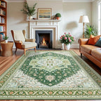 6x9 Green White Area Rug for Living Room, Machine Washable Rugs with Non-Slip Backing for Bedroom, Vintage Medallion Carpet Dining Room Office Kids Room Decor