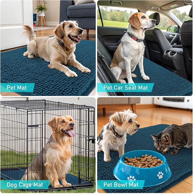 OLANLY Dog Door Mat for Muddy Paws 48x30, Absorbs Moisture and Dirt, Absorbent Non-Slip Washable Doormat, Quick Dry Chenille Mud Mat, Entry Indoor Entryway Carpet for Inside Floor, Atlantic Blue