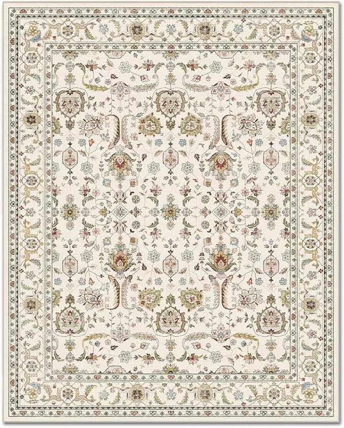 Washable 9x12 Area Rugs for Living Room, Boho Non-Slip Vintage Distress Lager Rugs for Bedroom Dining Room Nursery Office, 0.3" Neutral Oriental Throw Thin Carpet, Beige/Rust/Green/Multi