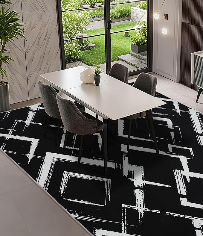 YIHOUSE Black Modern Geometric Area Rug 6x9, Black and White Rug with Abstract Diamond Patterns,Non-Shedding Washable Rugs for Bedroom, Home Office and Living Room
