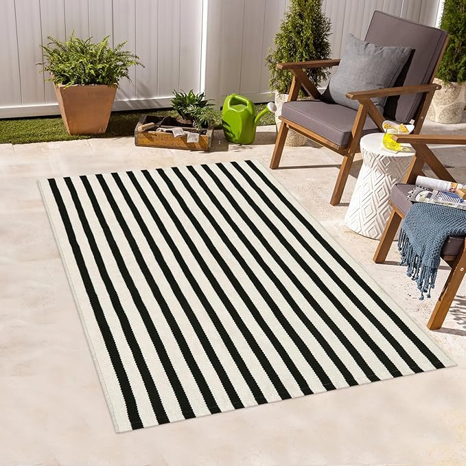 Striped Outdoor Rugs 3'x5', Cotton Hand Woven Rug Front Door Mat,Washable Reversible Layered Door Mats, Foldable Front Porch Rug for Entryway/Home Entrance/Farmhouse(Black and White)