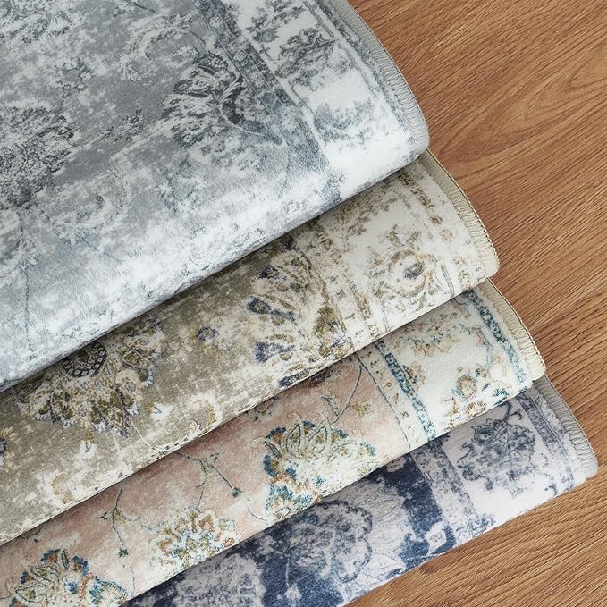 jinchan Fiora Runner Rug 2x6 Washable Hallway Runner - Vintage Floral Non Slip Low-Pile Soft Thin Kitchen Rug Distressed Carpet for Farmhouse Bedroom Entryway Laundry Room(2x6ft, Dark Blue)