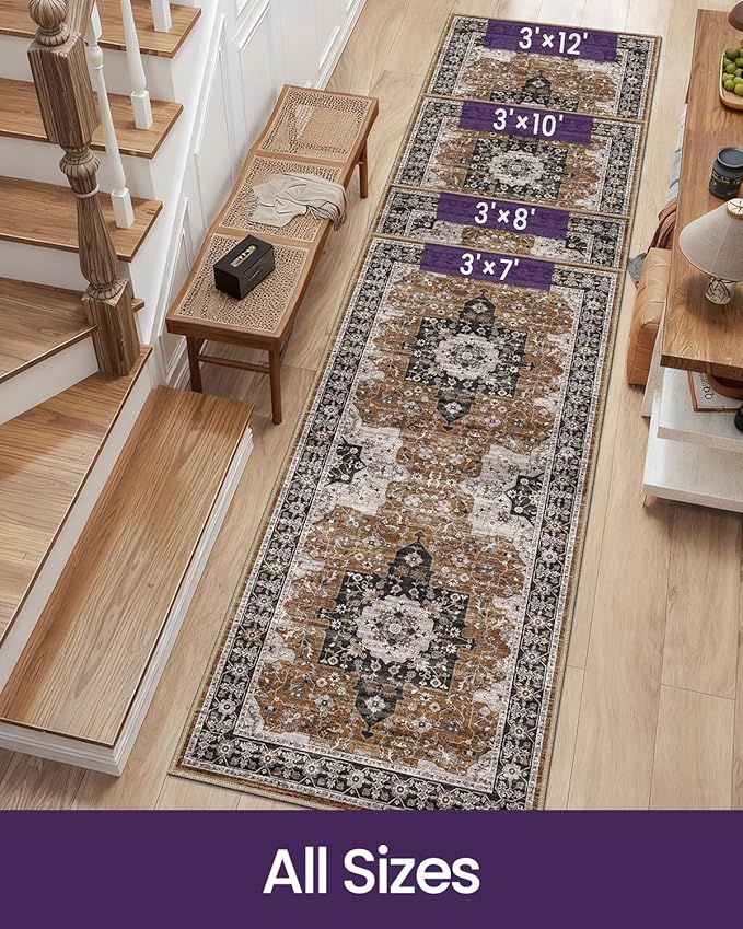 DEXI Hallway Runner Rug 3x12, Distressed Non Slip Runners Carpet, Boho Vintage Soft Thin Indoor Rug, Stain Resistant Washable Entry Mat for Entryway Kitchen Laundry Room Living Room, Brown