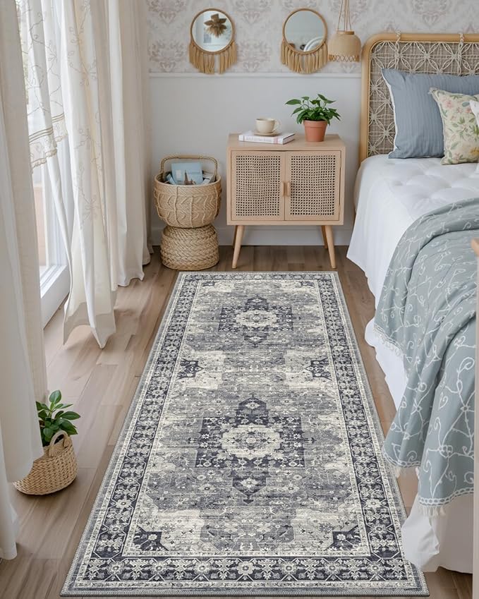 DEXI Hallway Runner Rug 3x7, Distressed Non Slip Runners Carpet, Boho Vintage Soft Thin Indoor Rug, Stain Resistant Washable Entry Mat for Entryway Kitchen Laundry Room Living Room, Blue Grey