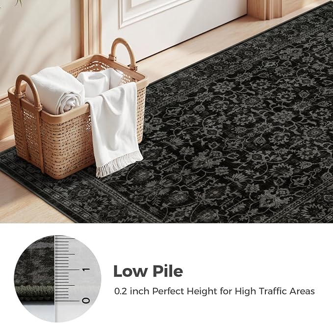LIVEBOX Washable Area Rug 5x7 - Large Black Boho Living Room Rug Vintage Rugs for Bedroom, Lightweight Retro Carpet Floral Accent Rugs for Dining Room High Traffic Area
