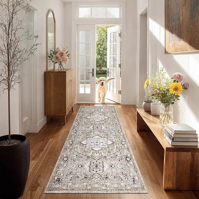 PURRUGS Vintage Farmhouse Boho Runner Rug 2x6 ft, Non-Slip Machine Washable Rug, Accent Oriental Area Rug for Kitchen, Hallway, Entryway, Bedroom, Living Room and Dining Room, Taupe/Vanilla