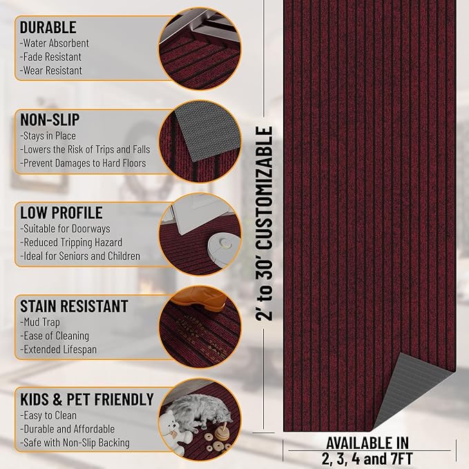 Ottomanson 2'7" x 10' Hallway Runner with Scraper Pile Extra Durable Non-Slip Rug Mat for Indoor & Outdoor Use - Ideal for Kitchen, Entryway, Patio & Garage - High-Traffic Carpet, Red
