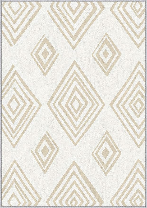 Washable 5x7 Modern Geometric Rug Living Room, Beige Abstract Diamond Design Area Rugs for Bedroom, Modern Geometric Home Decor Carpet, Low Pile, Non Slip, Kids & Pet Friendly (N4181)