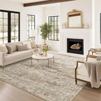 Area Rug 10x12 Vintage Washable Living Room Large Carpet Non Slip Bedroom Indoor Office Dining Room Low Pile Thin Rug Brown