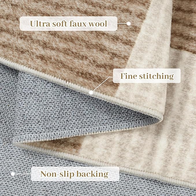 Machine Washable 5x7 Area Rugs for Living Room Checkered, Non Slip Soft Low Pile Farmhouse Geometric Modern Neutral Playroom Boys Rugs for Bedroom, Large Carpet Rugs for Dining Room(Brown,5'x7')