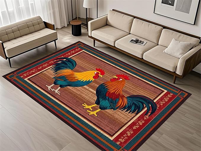 Rustic Rooster Area Rug，6x8ft,The Colorful Rooster Rug in A Farmhouse Style Adds Natural Vitality to Your Home，Soft and Comfortable Easy to Clean Carpet Suitable for Living Room Bedroom Kitchen