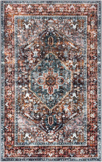 KOZYFLY Boho Area Rug 6x9 Ft Thin Rugs for Living Room Washable Bedroom Rug Non Slip Rugs Printed Faux Wool Vintage Bedroom Rug Floor Carpet for Dining Room Living Room, Brick Red/Orange/Green