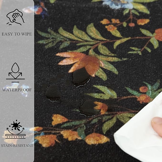 Black Rug for Living Room 5x7 Area Rugs, Machine Washable Non-Slip Carpet, Boho Floral Low Pile Throw Rugs for Bedroom, Dining Room, Office, Nursery, Vintage Home Decor