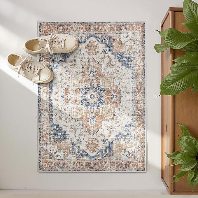 jinchan Kelda Area Rug 2x3 Entryway Rug Washable Doormat Vintage Retro Indoor Distressed Door Mat Accent Floor Cover Lightweight Non Slip Low Pile Carpet for Bathroom Living Room Bedroom Orange
